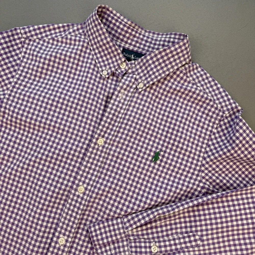 Ralph Lauren‎ Boys Large Purple Button Up Check Gingham Poplin Dress Shirt